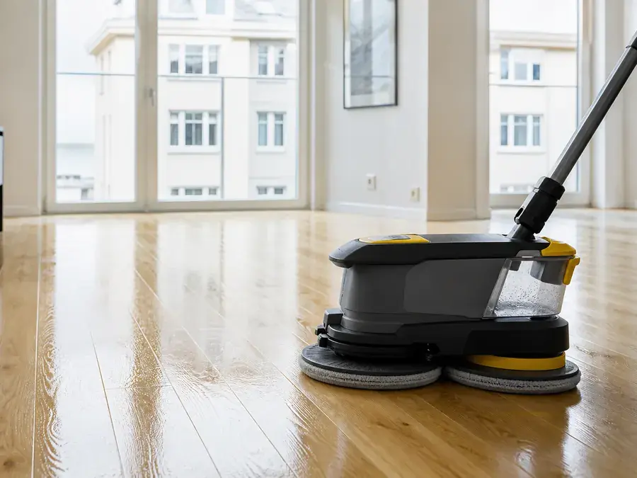 Gulvvaskemaskin med to runde mopper på et blankt tregulv