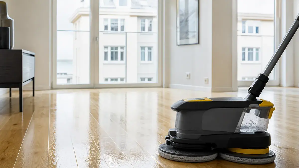 Elektrisk gulvvaskemaskin med roterende mopper på tregulv i en lys Oslo-leilighet