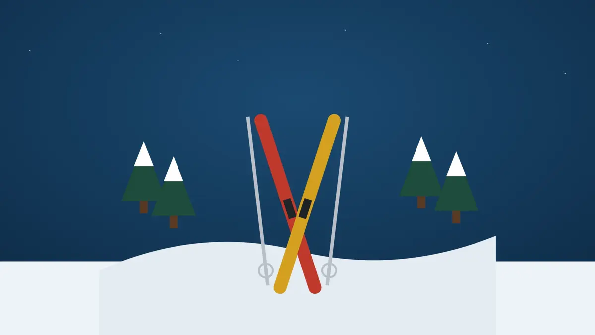 Illustrasjon av ski og staver i snø med skog i bakgrunnen